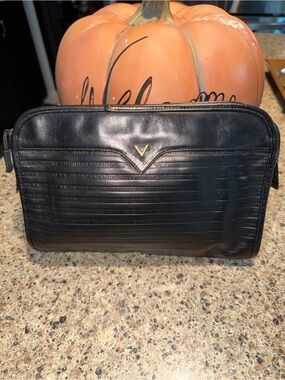 Mario Valentino Black Leather Men's Toiletry Bag with V Accent